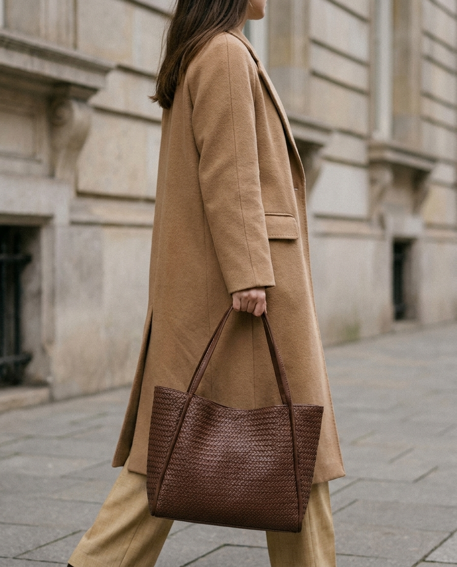 A woman in a camel coat carrying the Margaux Woven Tote in brown